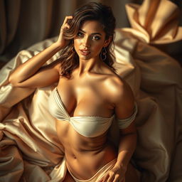 A highly detailed and artistic representation of a confident and attractive woman in a sensual pose, with an emphasis on her natural beauty and allure
