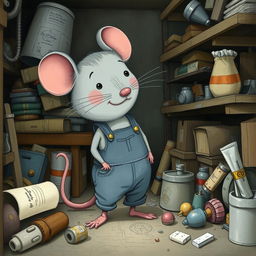 A gray mouse dressed in overalls lives in a messy warehouse, surrounded by clutter and various items scattered around