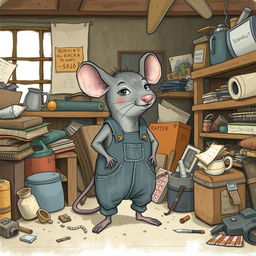 A gray mouse dressed in overalls lives in a messy warehouse, surrounded by clutter and various items scattered around