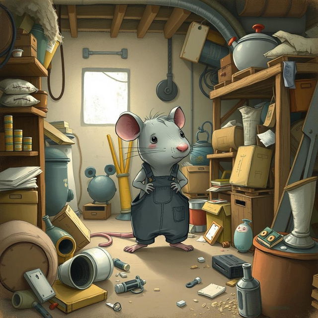 A gray mouse dressed in overalls lives in a messy warehouse, surrounded by clutter and various items scattered around