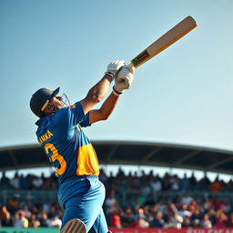 A dynamic action shot of a Sri Lankan cricket player in full swing, wearing the national team's jersey with vibrant colors