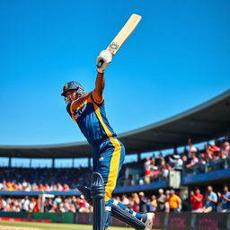 A dynamic action shot of a Sri Lankan cricket player in full swing, wearing the national team's jersey with vibrant colors