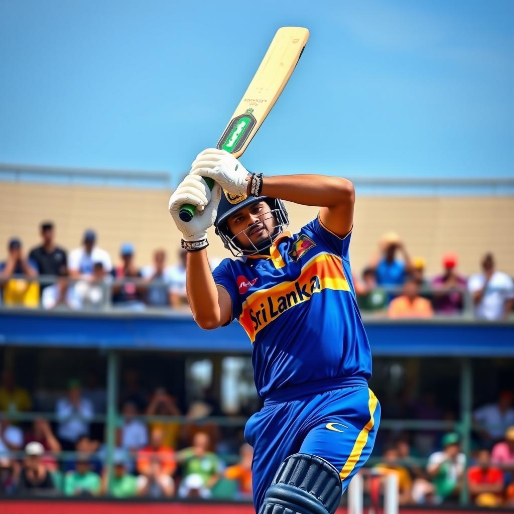 A dynamic action shot of a Sri Lankan cricket player in full swing, wearing the national team's jersey with vibrant colors