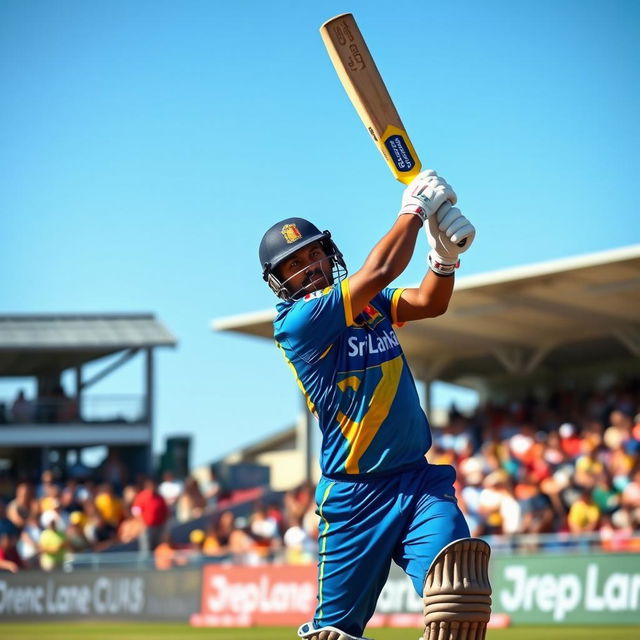 A dynamic action shot of a Sri Lankan cricket player in full swing, wearing the national team's jersey with vibrant colors