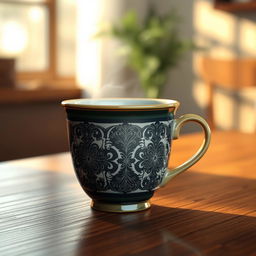 A highly detailed 3D rendering of a stylish coffee cup, showcasing intricate patterns and a glossy finish