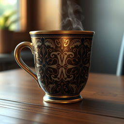 A highly detailed 3D rendering of a stylish coffee cup, showcasing intricate patterns and a glossy finish