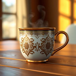 A highly detailed 3D rendering of a stylish coffee cup, showcasing intricate patterns and a glossy finish