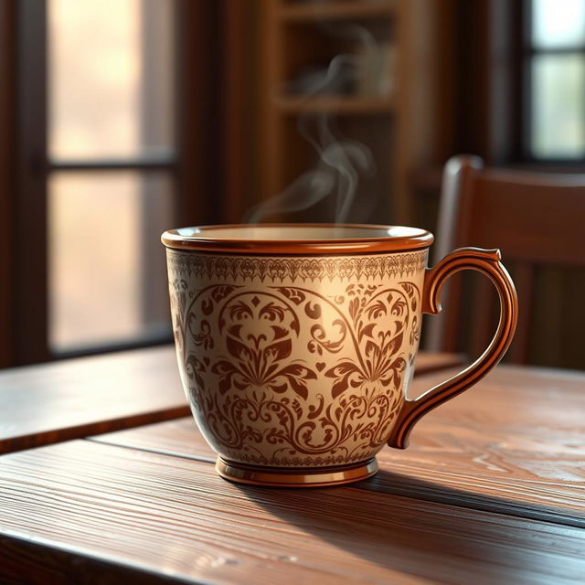 A highly detailed 3D rendering of a stylish coffee cup, showcasing intricate patterns and a glossy finish