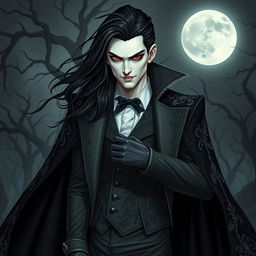 A striking vampire character designed for a gothic novel cover, featuring a tall, pale-skinned figure with long, flowing black hair and piercing red eyes