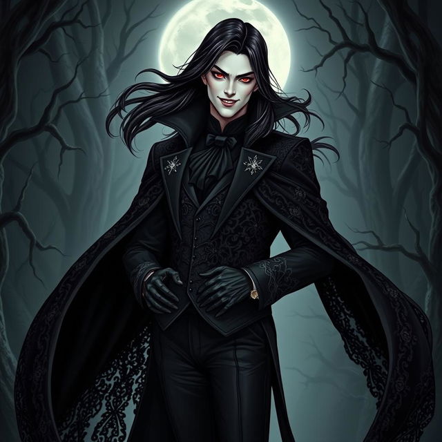 A striking vampire character designed for a gothic novel cover, featuring a tall, pale-skinned figure with long, flowing black hair and piercing red eyes