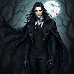 A striking vampire character designed for a gothic novel cover, featuring a tall, pale-skinned figure with long, flowing black hair and piercing red eyes