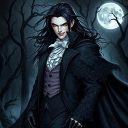 A striking vampire character designed for a gothic novel cover, featuring a tall, pale-skinned figure with long, flowing black hair and piercing red eyes