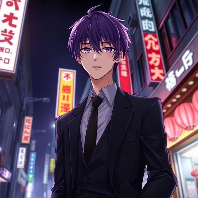 A tall male character with striking purple hair and vivid violet eyes, dressed in a sleek black formal suit with his hands casually tucked into his pockets