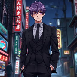 A tall male character with striking purple hair and vivid violet eyes, dressed in a sleek black formal suit with his hands casually tucked into his pockets