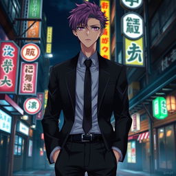 A tall male character with striking purple hair and vivid violet eyes, dressed in a sleek black formal suit with his hands casually tucked into his pockets