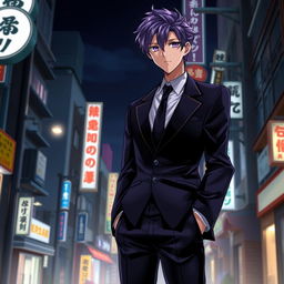 A tall male character with striking purple hair and vivid violet eyes, dressed in a sleek black formal suit with his hands casually tucked into his pockets