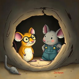 Inside a mouse hole, a yellow mouse wearing glasses and a gray mouse dressed in overalls are seen together