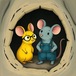 Inside a mouse hole, a yellow mouse wearing glasses and a gray mouse dressed in overalls are seen together
