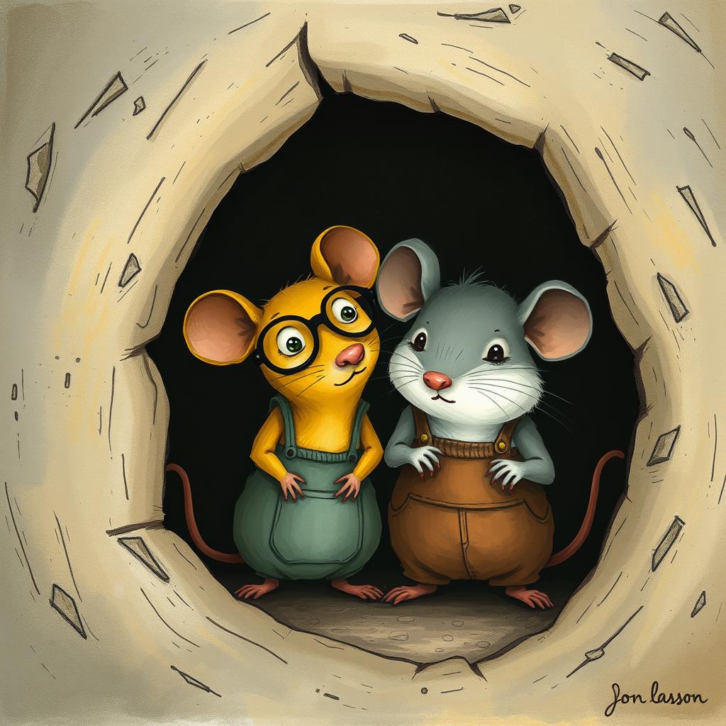 Inside a mouse hole, a yellow mouse wearing glasses and a gray mouse dressed in overalls are seen together