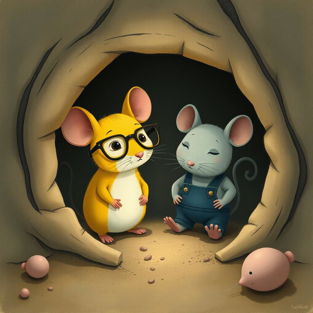 Inside a mouse hole, a yellow mouse wearing glasses and a gray mouse dressed in overalls are seen together
