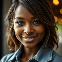 A close-up portrait of a confident, strong person with an inspiring gaze