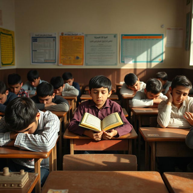 A classroom scene depicting a group of Iranian teenage boys, visibly tired and bored, their heads resting on their desks in a state of disengagement