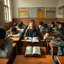 A classroom scene depicting a group of Iranian teenage boys, visibly tired and bored, their heads resting on their desks in a state of disengagement