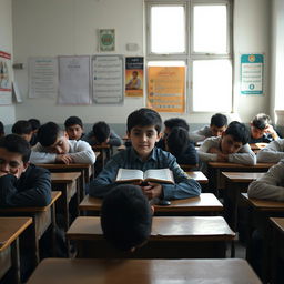 A classroom scene depicting a group of Iranian teenage boys, visibly tired and bored, their heads resting on their desks in a state of disengagement
