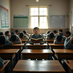 A classroom scene depicting a group of Iranian teenage boys, visibly tired and bored, their heads resting on their desks in a state of disengagement