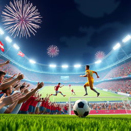 A vibrant 3D animation scene showcasing a spectacular World Cup soccer stadium filled with cheering fans, colorful flags waving, and dynamic animations of players on the field