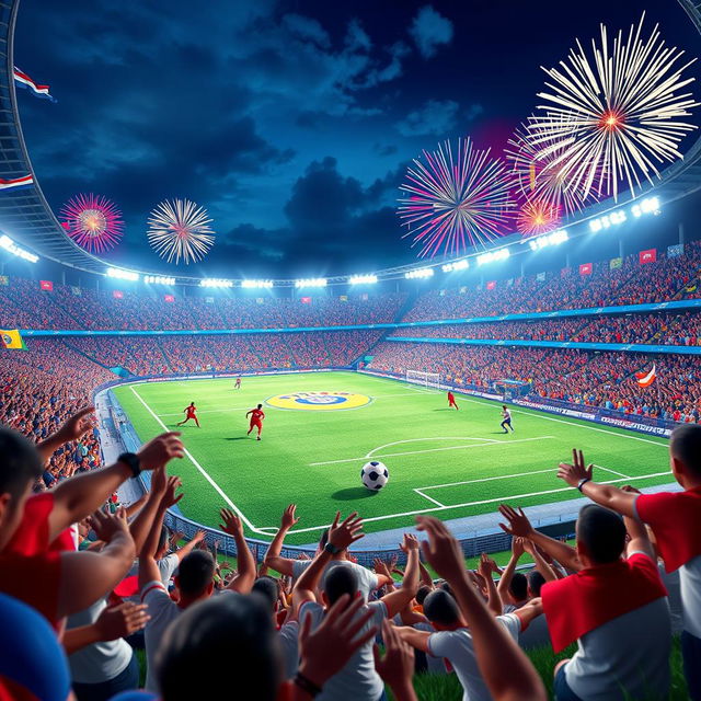 A vibrant 3D animation scene showcasing a spectacular World Cup soccer stadium filled with cheering fans, colorful flags waving, and dynamic animations of players on the field