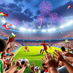 A vibrant 3D animation scene showcasing a spectacular World Cup soccer stadium filled with cheering fans, colorful flags waving, and dynamic animations of players on the field