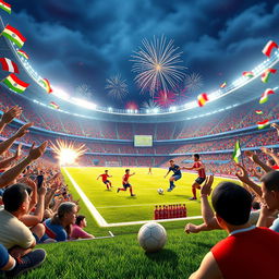 A vibrant 3D animation scene showcasing a spectacular World Cup soccer stadium filled with cheering fans, colorful flags waving, and dynamic animations of players on the field