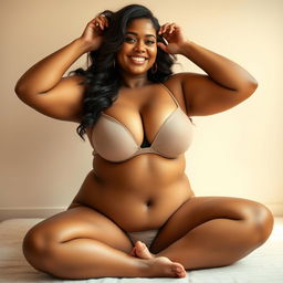 a voluptuous Indian woman with a curvy figure, confidently posing with a smile, wearing a deep-plunging bra that accentuates her natural beauty, holding her arms upward to showcase her clear and smooth underarms, while seated with legs spread wide, radiating sensuality and confidence, in a soft, warm-lit setting that highlights her skin tone and curves