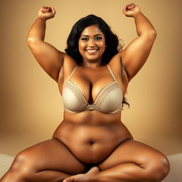 a voluptuous Indian woman with a curvy figure, confidently posing with a smile, wearing a deep-plunging bra that accentuates her natural beauty, holding her arms upward to showcase her clear and smooth underarms, while seated with legs spread wide, radiating sensuality and confidence, in a soft, warm-lit setting that highlights her skin tone and curves
