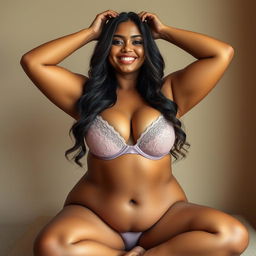 a voluptuous Indian woman with a curvy figure, confidently posing with a smile, wearing a deep-plunging bra that accentuates her natural beauty, holding her arms upward to showcase her clear and smooth underarms, while seated with legs spread wide, radiating sensuality and confidence, in a soft, warm-lit setting that highlights her skin tone and curves