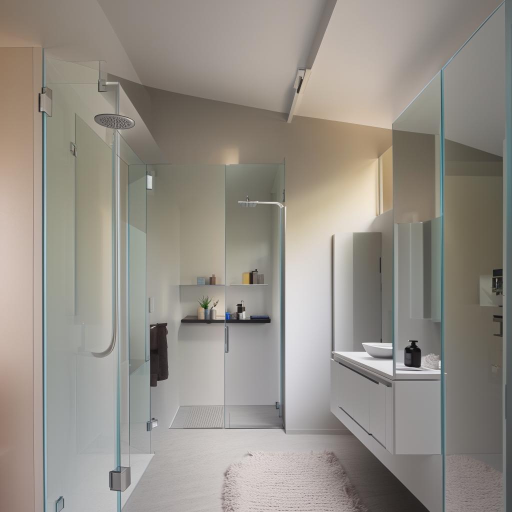 A well-designed bathroom of dimensions 154cm x 180cm, featuring a sleek toilet, a large, reflective mirror, a modern shower, and a convenient washing machine