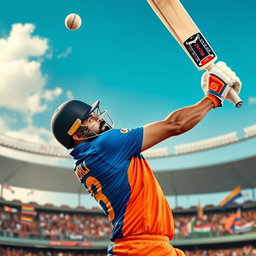 An action-packed cricket scene featuring Virat Kohli, the Indian cricket superstar, in a dynamic batting pose