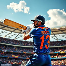 An action-packed cricket scene featuring Virat Kohli, the Indian cricket superstar, in a dynamic batting pose