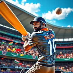 An action-packed cricket scene featuring Virat Kohli, the Indian cricket superstar, in a dynamic batting pose