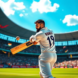 An action-packed cricket scene featuring Virat Kohli, the Indian cricket superstar, in a dynamic batting pose