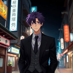 A tall male character with striking purple hair and deep violet eyes, dressed in a sleek black formal suit, standing with his hands casually tucked in his pockets