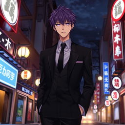 A tall male character with striking purple hair and deep violet eyes, dressed in a sleek black formal suit, standing with his hands casually tucked in his pockets