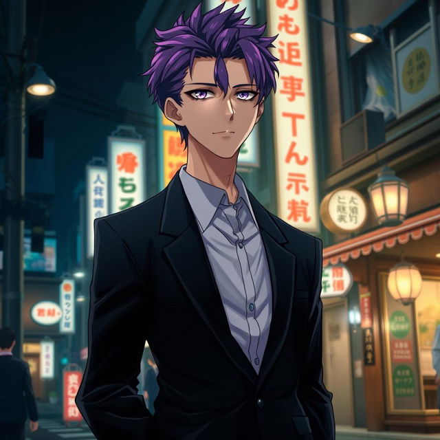 A tall male character with striking purple hair and deep violet eyes, dressed in a sleek black formal suit, standing with his hands casually tucked in his pockets