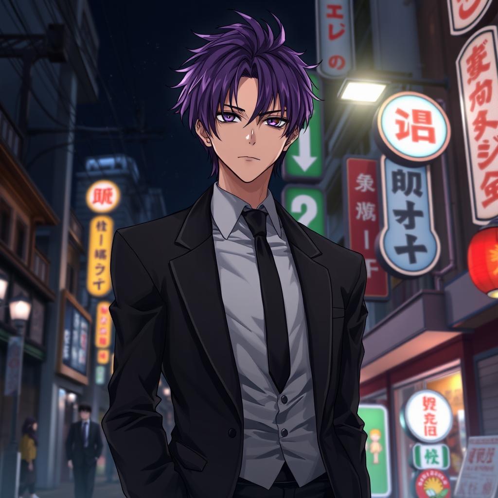 A tall male character with striking purple hair and deep violet eyes, dressed in a sleek black formal suit, standing with his hands casually tucked in his pockets