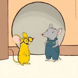 In front of a hole in the corner of a room, a yellow mouse wearing glasses laughs at a gray mouse dressed in overalls