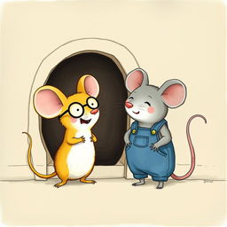 In front of a hole in the corner of a room, a yellow mouse wearing glasses laughs at a gray mouse dressed in overalls