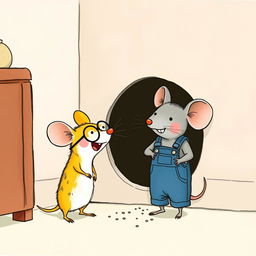 In front of a hole in the corner of a room, a yellow mouse wearing glasses laughs at a gray mouse dressed in overalls
