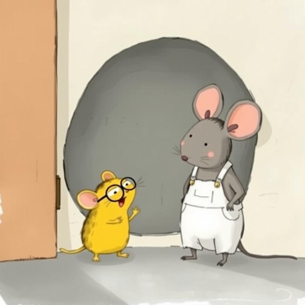 In front of a hole in the corner of a room, a yellow mouse wearing glasses laughs at a gray mouse dressed in overalls