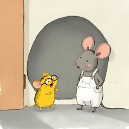 In front of a hole in the corner of a room, a yellow mouse wearing glasses laughs at a gray mouse dressed in overalls